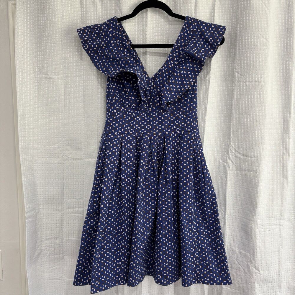 Kate Spade Dress Size 0 Mini V Neck Geo Dot Poplin Fit And Flare Blue - Picture 3 of 9